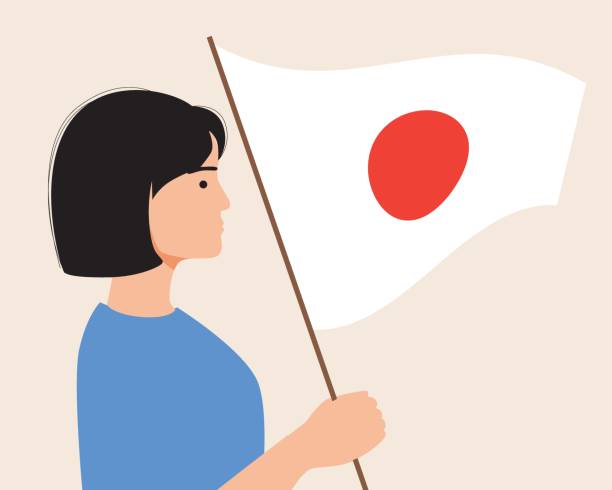японский человек с флагом изолированы, как концепция дня японии, патриотические плоские векторные фондовые иллюстрации с гражданином - japan japanese ethnicity flag japanese flag stock illustrations