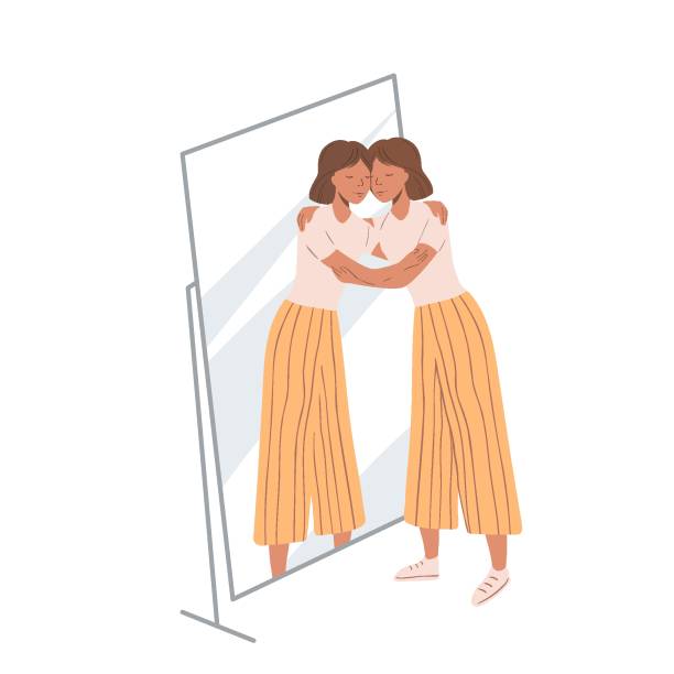 ilustrações de stock, clip art, desenhos animados e ícones de woman standing near the mirror and hugging her own reflection. concept of self-love and self-acceptance. young girl and her mirroring. flat cartoon illustration - self love