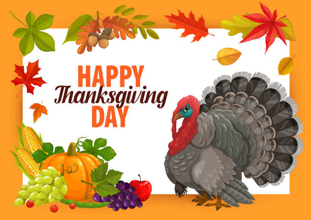 Happy Thanks Giving vector frame with turkey. Happy Thanks Giving day vector frame with turkey, pumpkin and autumn crop with fallen leaves. Thanksgiving congratulation, fall season holiday event greeting card or poster with harvest cartoon design thanksgiving live wallpaper stock illustrations