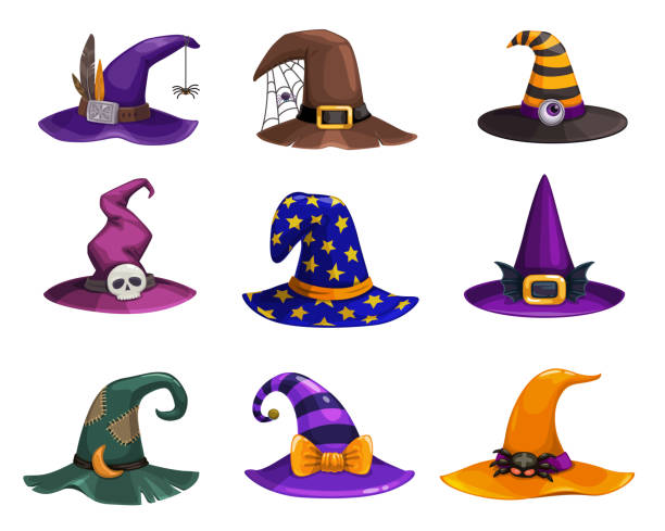 illustrazioni stock, clip art, cartoni animati e icone di tendenza di icone vettoriali cappelli da strega, copricapo del mago dei cartoni animati - witchs hat