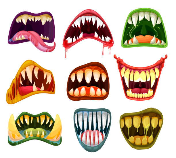 Monster mouths, teeth cartoon set, Halloween beast Monster mouths and teeth cartoon vector set of Halloween scary beasts. Horror smiles, crazy laugh, tongues, salvia, blood and fangs of creepy alien, vampire and devil, Dracula, demon and zombie bad teeth stock illustrations