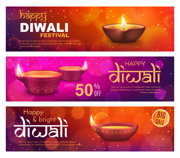 Diwali sale offer banners, Indian Deepavali lamps Diwali sale offer vector banners with Indian Deepavali light festival diya lamps. Hindu religion holiday discount price shopping cards and flyers with oil lamps, fire flames and rangoli decorations clay oil lamp stock illustrations