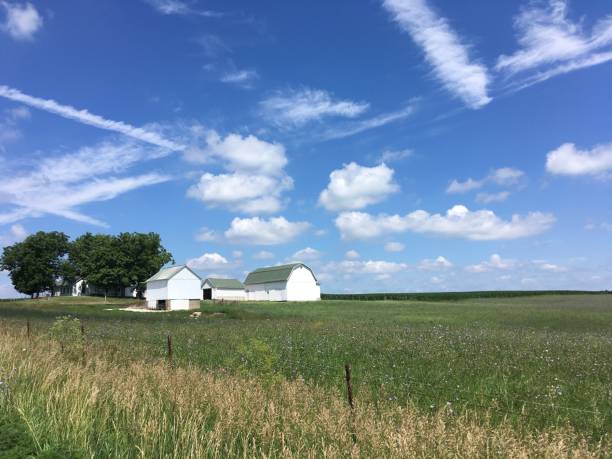 istock Indiana farm with green and white barn under a blue sky 1293103922