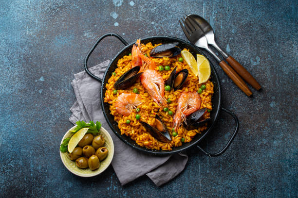 Traditional Spanish seafood paella stock photo