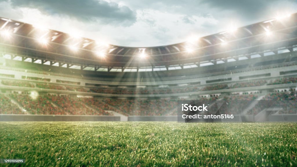 Soccer field with illumination, green grass and cloudy sky, background for design or advertising Soccer field with illumination, green grass and cloudy sky, background for design or advertising. 3D-model. Copyspace to insert your image or text. Concept of sport, active lifestyle, buildings. Soccer Stock Photo