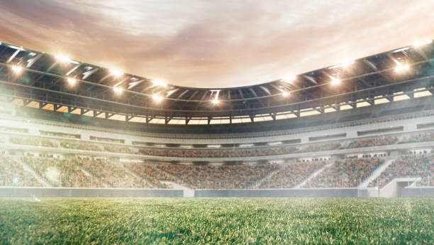 Soccer field with illumination, green grass and cloudy sky, background for design or advertising Soccer field with illumination, green grass and cloudy sky, background for design or advertising. 3D-model. Copyspace to insert your image or text. Concept of sport, active lifestyle, buildings. stadium advertising stock pictures, royalty-free photos & images