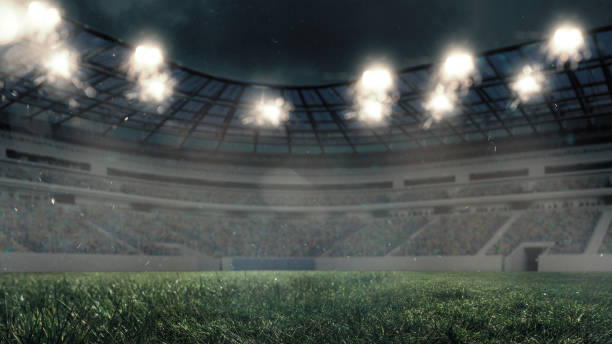 campo de futebol com iluminação, grama verde e céu nublado, fundo para design ou publicidade - michigan avenue flash - fotografias e filmes do acervo