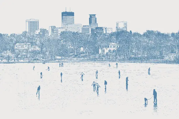 Vector illustration of Group of people Ice skating on a frozen lake