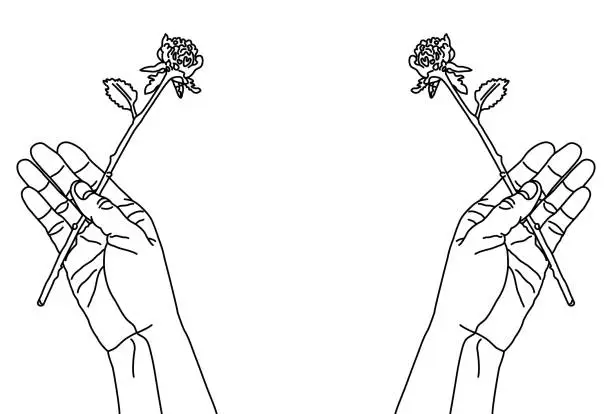Vector illustration of Line art illustration of a hand holding a single rose [Postcard template]