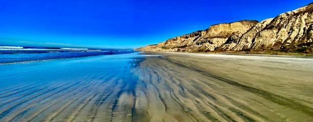 wellen aus schwarzem sand & eine felswand - weitwinkel - torrey pines state reserve stock-fotos und bilder