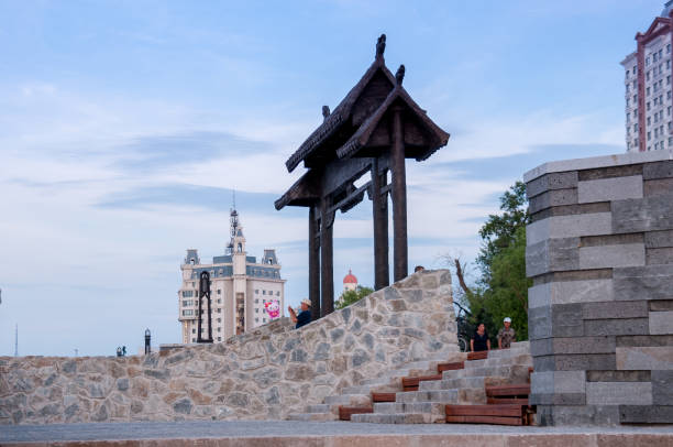 China, Heihe, July 2019: Chinese-style Gate on the Heihe city waterfront in summer