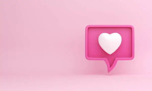 Like heart icon on pink background copy space text, social media notification, 3D rendering illustration
