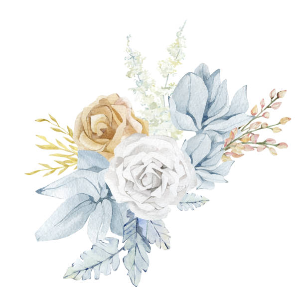 illustrazioni stock, clip art, cartoni animati e icone di tendenza di bouquet floreale blu acquerello. rosa bianca, fiori bianchi, erba di pampas, ramo, fogliame, fiori selvatici. illustrazione botanica di nozze per biglietto da avidità, biglietto da sposa, biglietto da doccia per bambini, doccia nuziale - bride backgrounds white bouquet