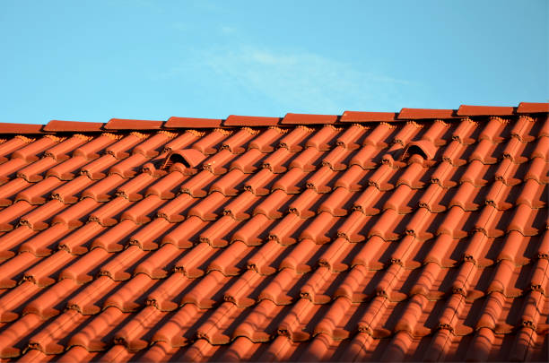 roof tile, or painted concrete, orange with ventilation and a top row on the ridge. blue sky, side view architecture, attic, background, bitumen, blue, brown, building, burgundy, burnt clay, clay, close, construction, design, detail, drain, edging, exterior, glazed, home, house, material, orange, painting, pattern, polymer, private, profile, profiling, protection, red, renovation, ridge, roof, roofing, roofs, rooftop, row, sheet, side, sky, slate, spillway, structure, texture, textured, tile, top, ventilation, view, wave slate ridge stock pictures, royalty-free photos & images