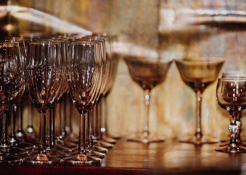 Set of wine in glasses. Red, rose and white wine on light table with copy space. View from above