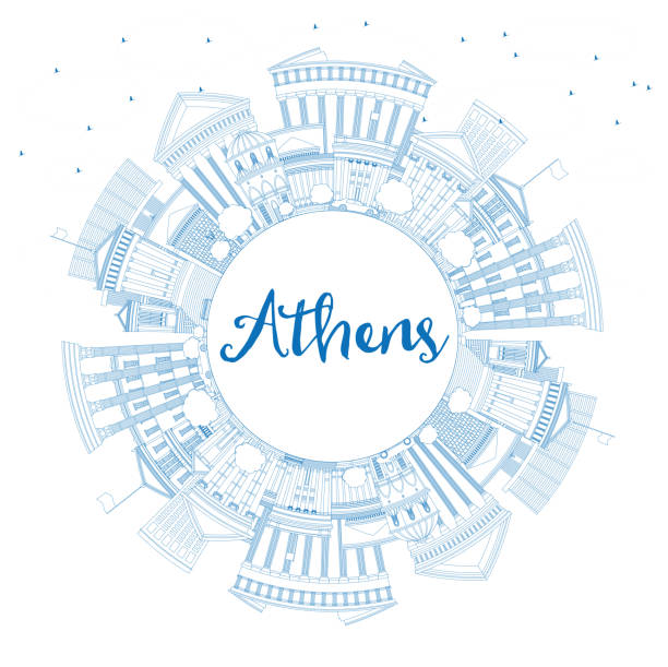 stockillustraties, clipart, cartoons en iconen met schets athene greece city skyline met blauwe gebouwen en copy space. - athens