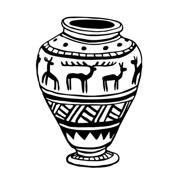 illustrations, cliparts, dessins animés et icônes de un vase avec ornement noir et motif simple de silhouettes de cerfs, poterie ancienne, exposition de musée, doodle - amphora ancient past greece