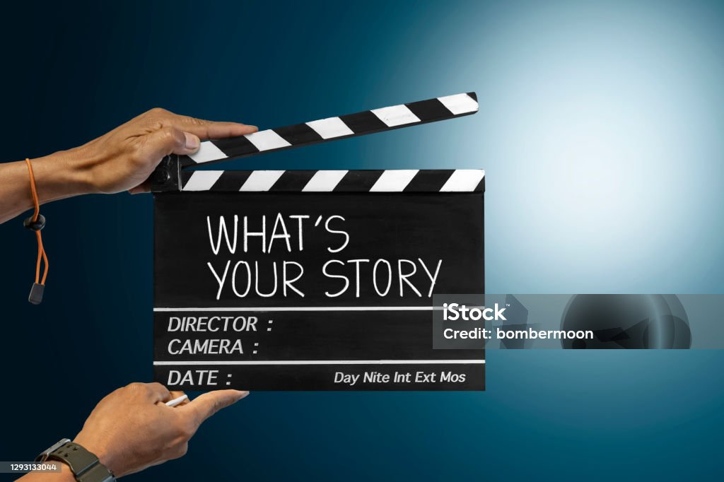 What's your story.Text title on film slate for film maker.storytelling concept. content and storytelling concept Storytelling Stock Photo
