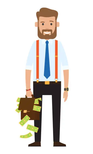 Vector illustration of Successful rich businessman, banker, oligarch wearing stylish blue tie, suspenders, black trousers