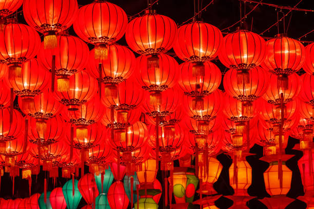 chinese new year lanterns for celebration hanging on street. - dragon china year thai culture imagens e fotografias de stock
