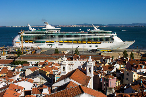 Lisbon, Portugal. The Navigator of the Seas, fourth Voyager-class cruise ship operated by Royal Caribbean International