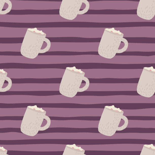 stockillustraties, clipart, cartoons en iconen met pastel vakantie winter chocolade bekers met marshmallow naadloos patroon. paars gestreepte achtergrond. - hot chocolate purple