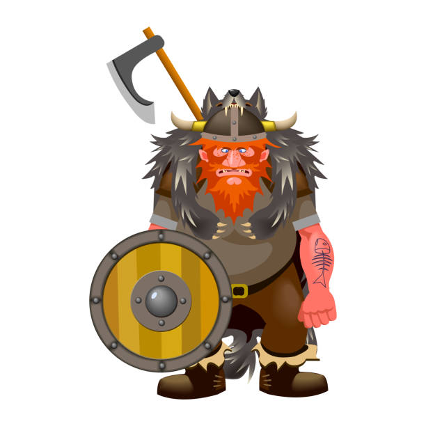 istock northern scandinavian terrible warrior, viking in wolfskin armor & horned leather helmet with red hair, wooden shield, battle axe 1293142837