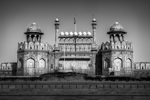 Artistic black and white shot of Red fort in Delhi, India