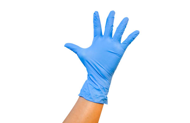 istock Hand wearing blue protective rubber gloves show five finger on white background with clipping path. 1293144357