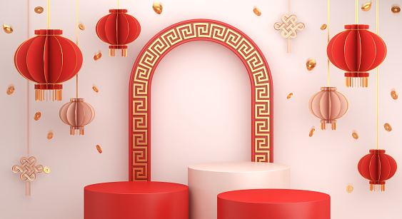 Happy Chinese new year or Mid Autumn festival podium display mockup background with lantern golden coin, gong xi fa cai, template, 3D rendering illustration.