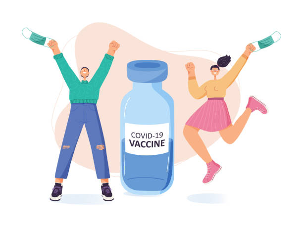 ilustrații de stoc cu vaccin împotriva virusului corona (covid-19) cu bărbat și femeie fericite. dezvoltarea vaccinului. persoanele zâmbitoare îndepărtează măștile de față izolate pe fond alb. ilustrație vectorială în stil de desene animate plate - covid 19