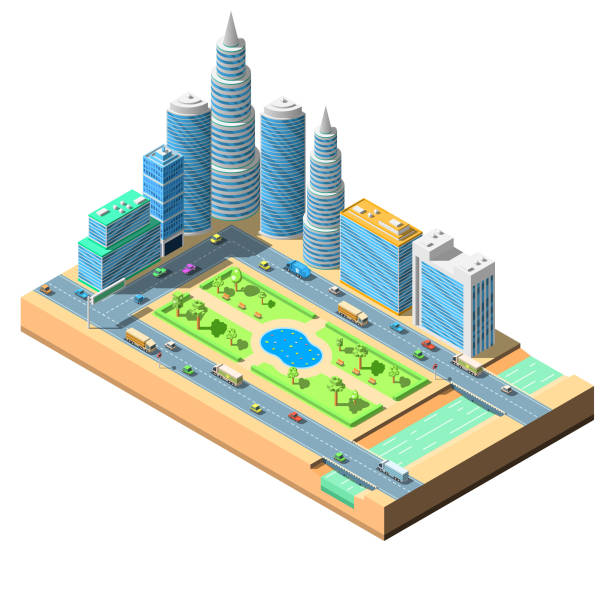 istock Abstract Isometric 3D City Buildings Skyscrapers River Bridge Cars Vector Design Style 1293151264