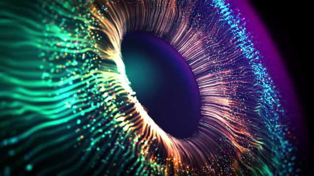 Multicolor Bright Explosion Vivid Particles. Animated Future Colourful Gradients Macro Shot. Modern VFX Design Abstraction Form. Colored Opening Eye. Firework Display Footage. New Digital AI Wallpaper