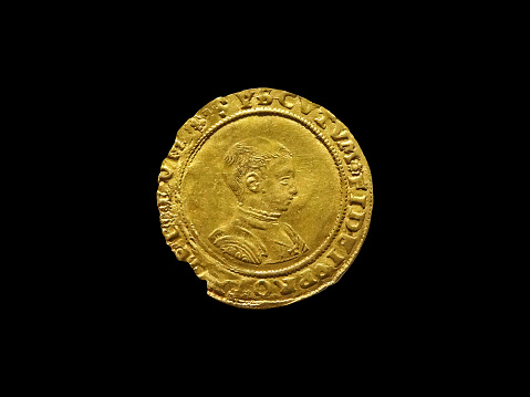 King Edward VI 1547- 1553 Gold Half Sovereign Coin cut out and isolated on a black background, stock photo image