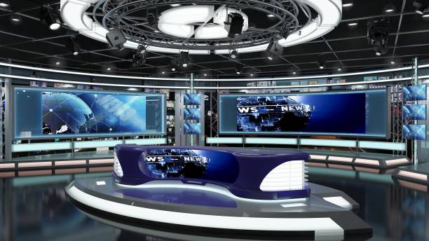 istock Virtual TV Studio News Set 1.2-6 Green screen background. 3d Rendering. 1293157512