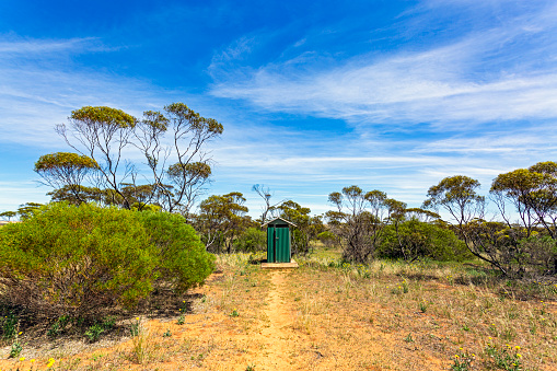 A solitary green corrugated unisex eco-toilet at the end of a short dirt path located amongst low trees and bushland in a remote South Australian outback national park: (Dunny, loo, lavatory, outhouse)
