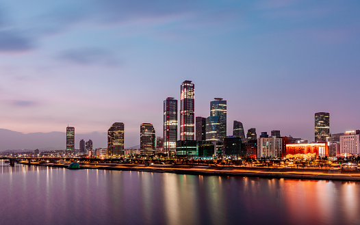 panoramic skyline of seoul in south korea. beautiful sunrise scene at han river in south korea.