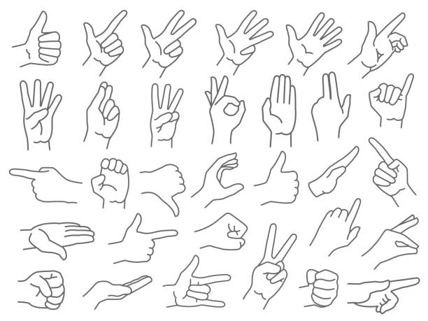 Line hands gestures. Like and dislike hand gesture icon, pointing finger and strong fist icons vector illustration set Line hands gestures. Like and dislike hand gesture icon, pointing finger and strong fist icons vector illustration set. Gesture hand, finger line and palm gesturing sign language icon stock illustrations