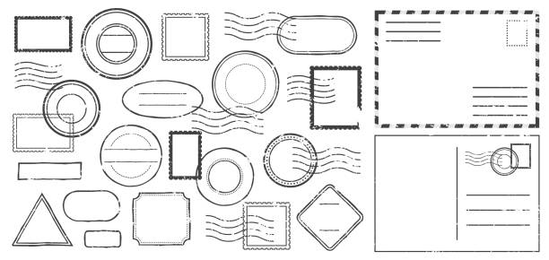 istock Postal letter with postmark stamps, black postage of various shape as circle, square, rhombus isolated on white 1293170568