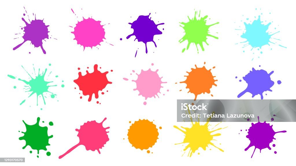 Color paint splatter. Colorful ink stains, abstract paints splashes and wet splats. Watercolor or slime stain vector set - Royalty-free Tinta - Equipamento de Arte e Artesanato arte vetorial