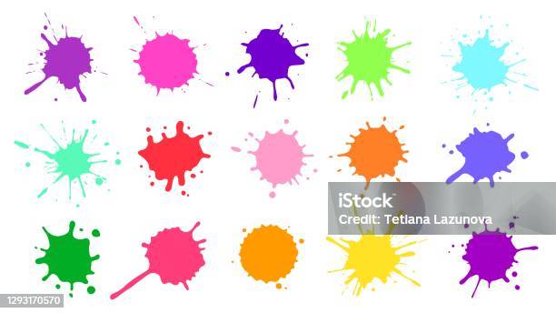 Color Paint Splatter Colorful Ink Stains Abstract Paints Splashes And Wet Splats Watercolor Or Slime Stain Vector Set - Arte vetorial de stock e mais imagens de Tinta - Equipamento de Arte e Artesanato