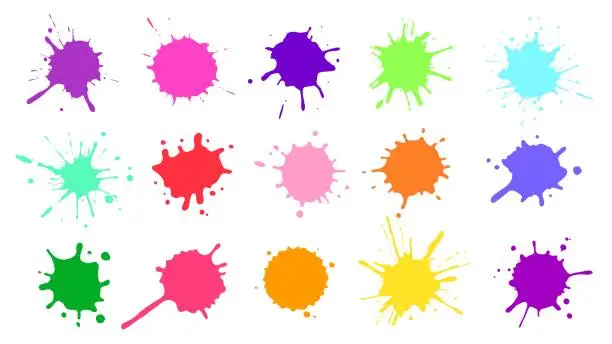 Vector illustration of Color paint splatter. Colorful ink stains, abstract paints splashes and wet splats. Watercolor or slime stain vector set
