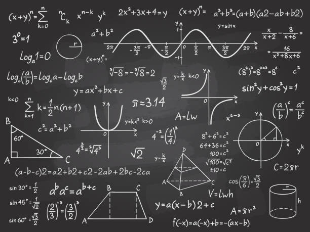 数学の数式。学校の黒板上の数学の微積分。代数・幾何学のチョークパターンベクトル教育概念 - 数学点のイラスト素材／クリップアート素材／マンガ素材／アイコン素材