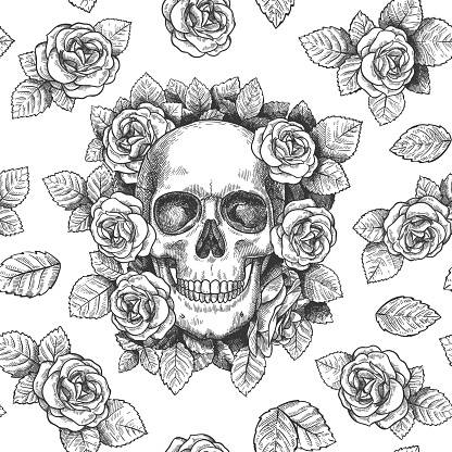 Skull with flowers. Sketch skulls with roses gothic artwork, repeat graphic print wallpaper, textile texture seamless vector pattern