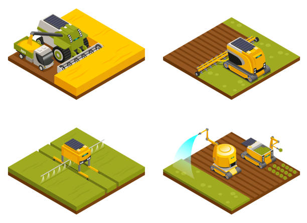1902.i403.010.s.m004.c11.skład izometryczny food truck 4x1 - isometric combine harvester tractor farm stock illustrations