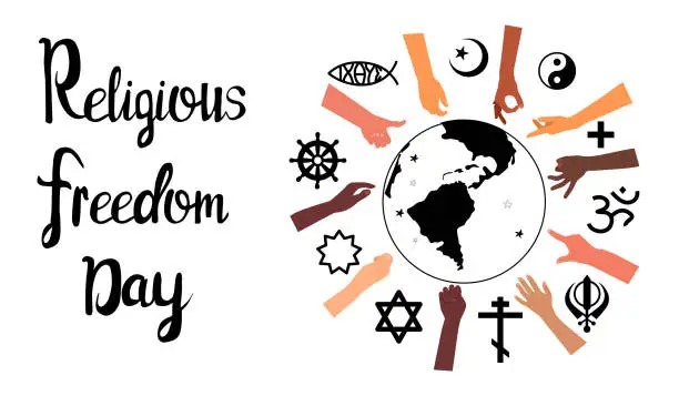 Vector illustration of Religious Freedom day lettering poster.Human Solidarity.Hands different ethnicities in various gestures and spiritual symbols are around Planet Earth.