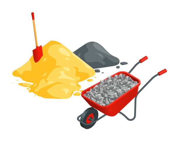 Isometric vector wheelbarrow, shovel, sand and cement piles illustration isolated on white background. Construction materials vector icon. Building materials and equipment in flat cartoon style. Isometric vector wheelbarrow, shovel, sand and cement piles illustration isolated on white background. Construction materials vector icon. Building materials and equipment in flat cartoon style. mixing cement stock illustrations