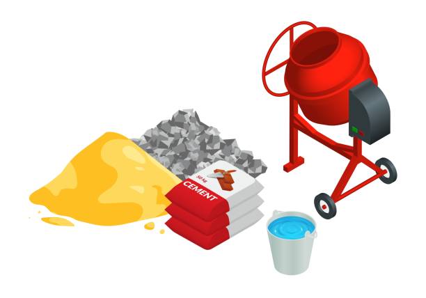 Isometric vector illustration pile of sand, pile of gravel, bags of cement, bucket of water and concrete mixer isolated on white background. Construction and building materials vector icons. Isometric vector illustration pile of sand, pile of gravel, bags of cement, bucket of water and concrete mixer isolated on white background. Construction and building materials vector icons. cement bag stock illustrations