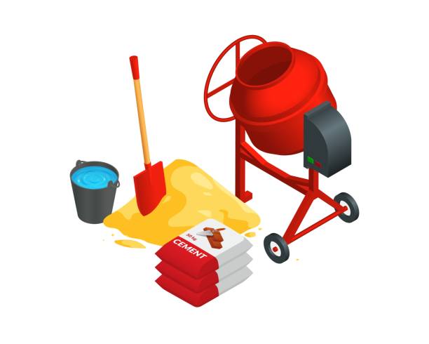 Isometric vector illustration shovel, pile of sand, bags of cement, bucket of water and concrete mixer isolated on white background. Construction and building materials and tools cartoon vector icons. Isometric vector illustration shovel, pile of sand, bags of cement, bucket of water and concrete mixer isolated on white background. Construction and building materials and tools cartoon vector icons. sack barrow stock illustrations