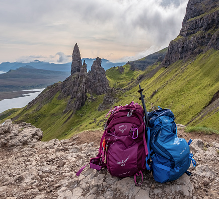 Isle of Skye, Scotland: two backpacks resting on the ground after the hike to Old Man of Storr